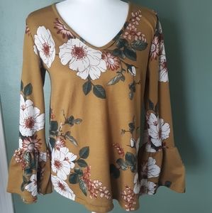Mustard Floral Bell Sleeve Top